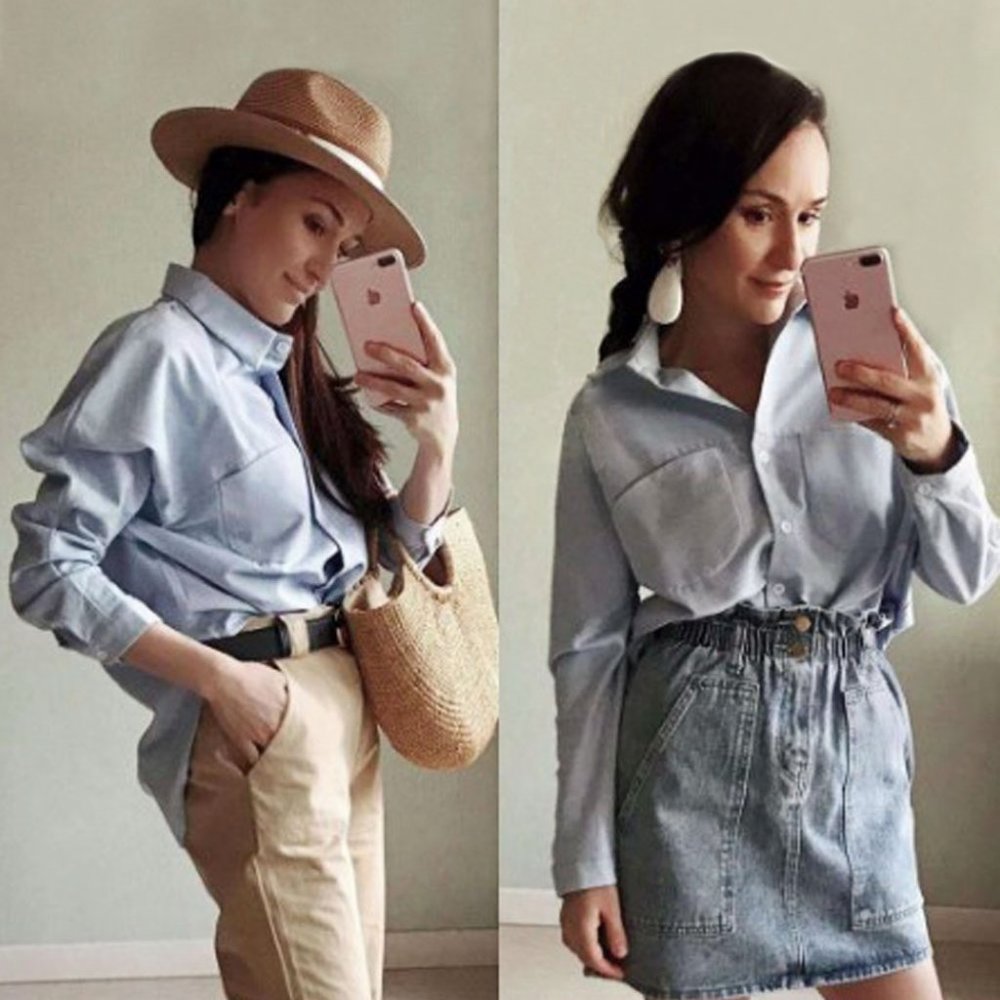 New Soft Chambray Button Front Shirt Top Blouse